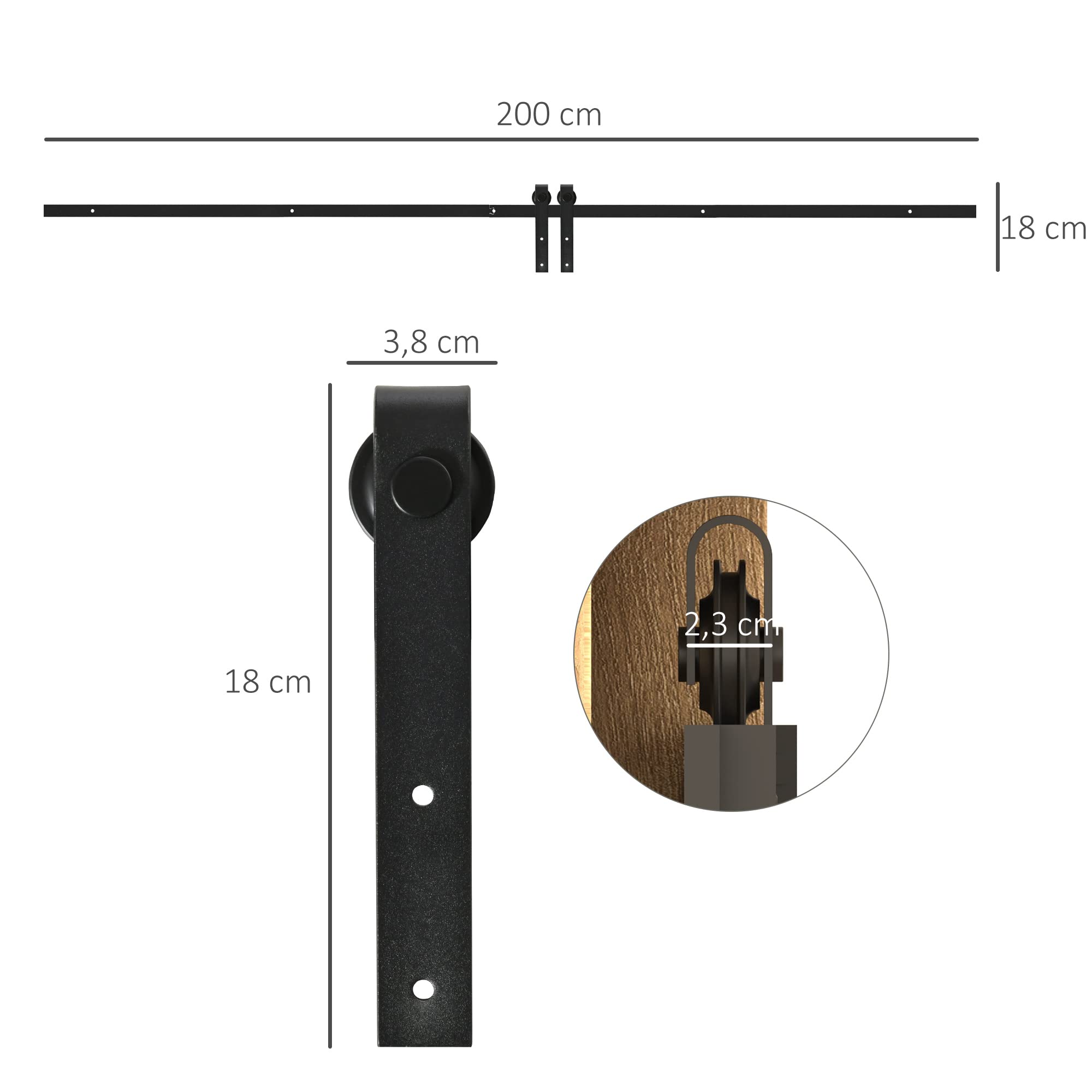 HOMCOM 200 CM Rail porte coulissante Kit Rail Porte de Grange Simple Noir