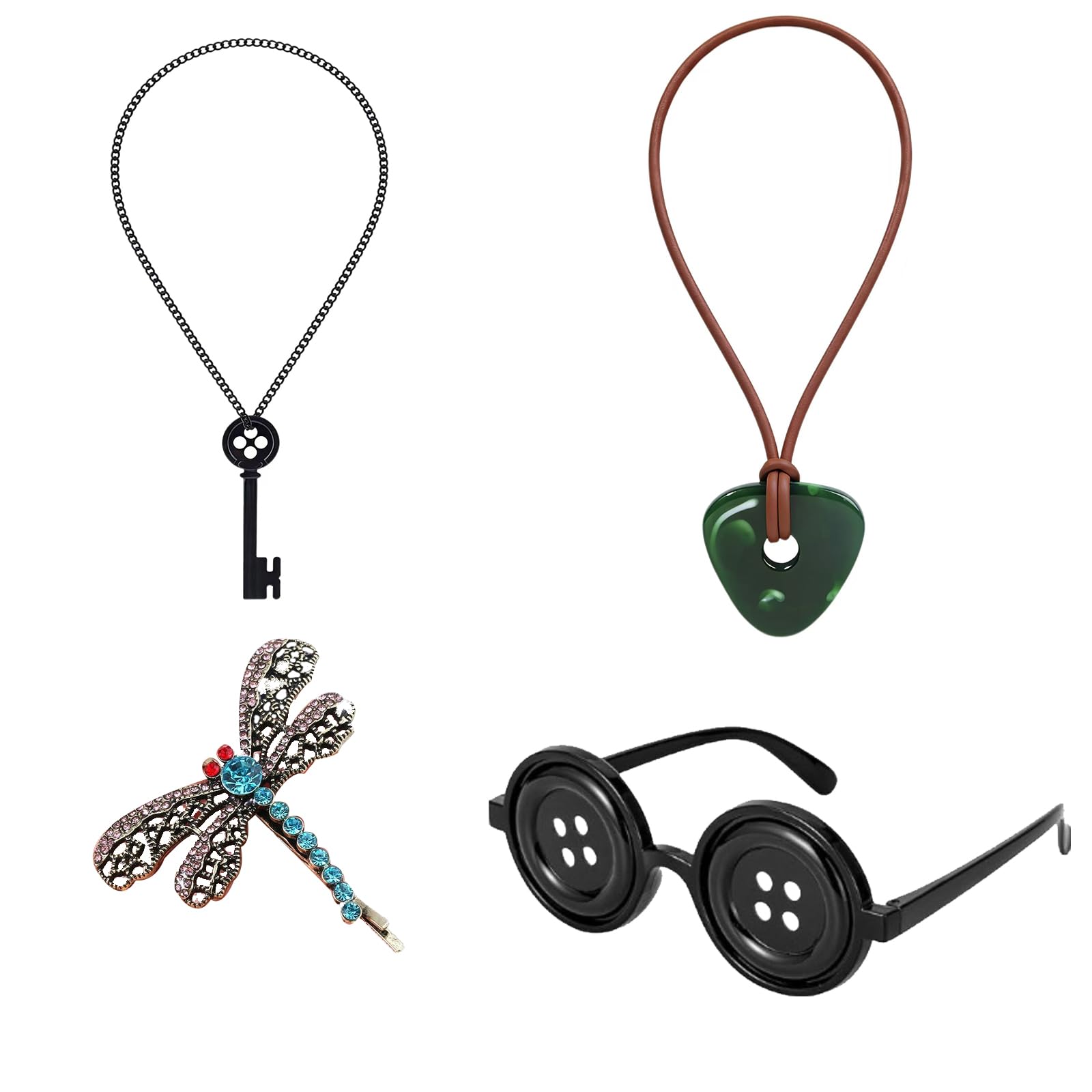 3PCS Accessories for Halloween Button Eyes Glasses Key Necklace Hair Clip Green Stone Halloween Costume Cosplay Dress Up Gifts for Movie Lovers