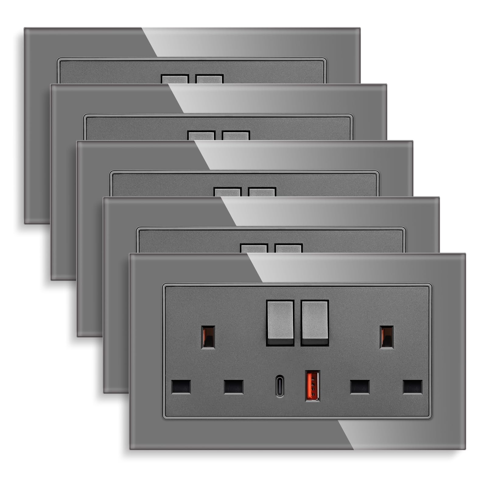 5 Pack CNBINGO USB Fast Charging with Glass Double Switched Socket, 20W Type-C (PD) and USB-A (QC) with Electric Power Socket, Grey Tempered Glass Panel Wall Outlet โ image 1