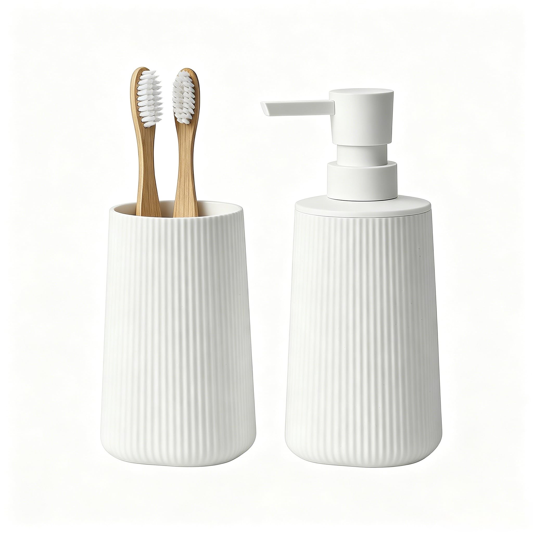 GAHEFY Juego de accesorios de baño de 2 piezas, dispensador de jabón de 250 ml y vaso para cepillo de dientes, diseño moderno de plÔstico ABS, para lavabo y bandeja de baño (blanco)
