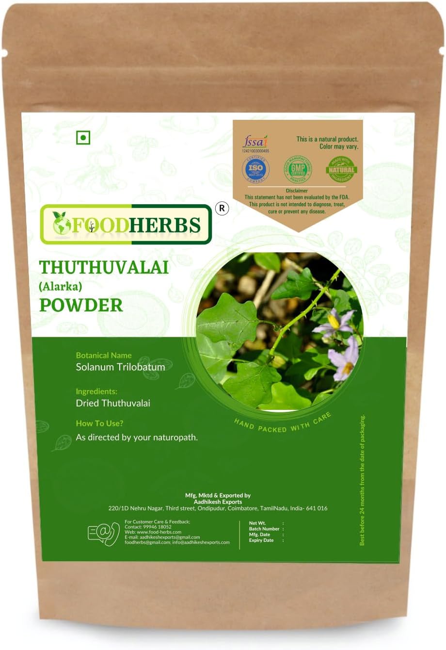 Foodherbs Climbing Brinjal/Alarka/Thuthuvalai/Solanum Trilobatum Powder (200 Gm/0.44 Lbs)