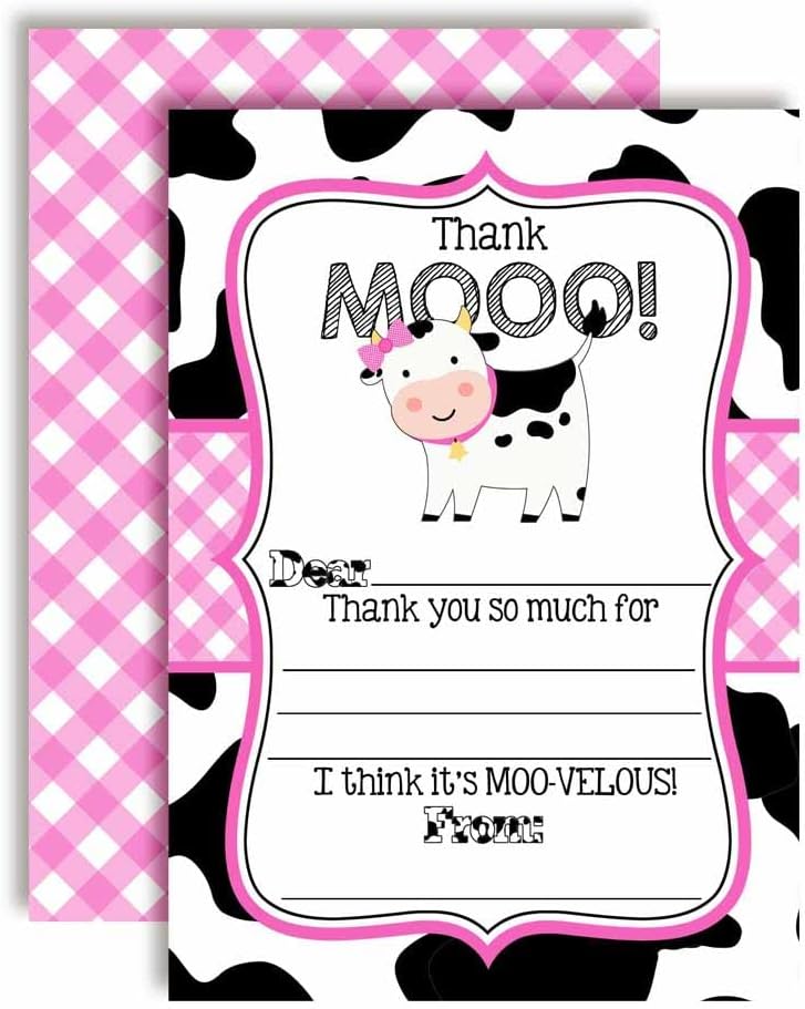 Heard the Moos Cow Birthday Thank You Notes, Ten 4 x 5.5 Fill In The Blank Cards with 10 White Envelopes by AmandaCreation