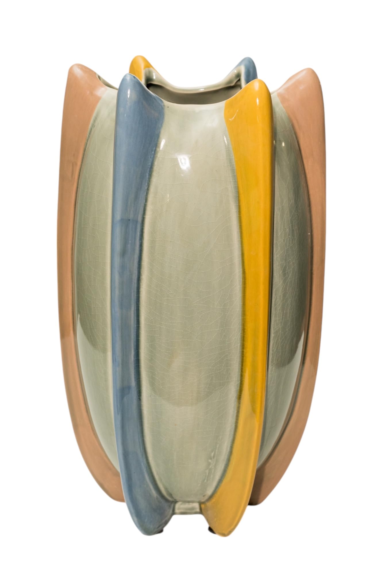 Vase bicolore bleu et beige en terre cuite artisanale pour une décoration intérieure élégante