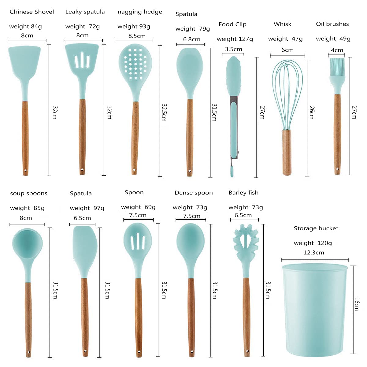 Karangred 12Pcs Silicone Cooking Kitchen Utensils Set with Holder,Wooden Handles Cooking Tool,BPA Free,Non Toxic Turner Tongs Spatula Spoon Kitchen Gadgets Set for Nonstick Cookware (Green)