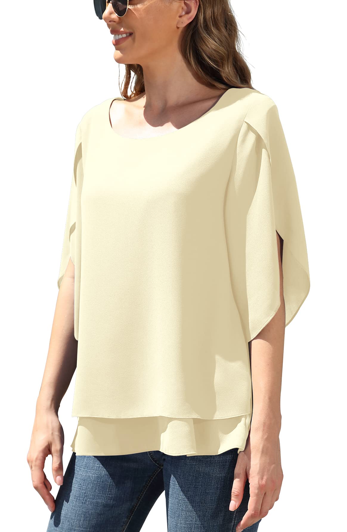 JouicaWomen's Fall 3/4 Sleeve Tops Lined Flowy Chiffon Blouse Scoop Neck Shirt for Women