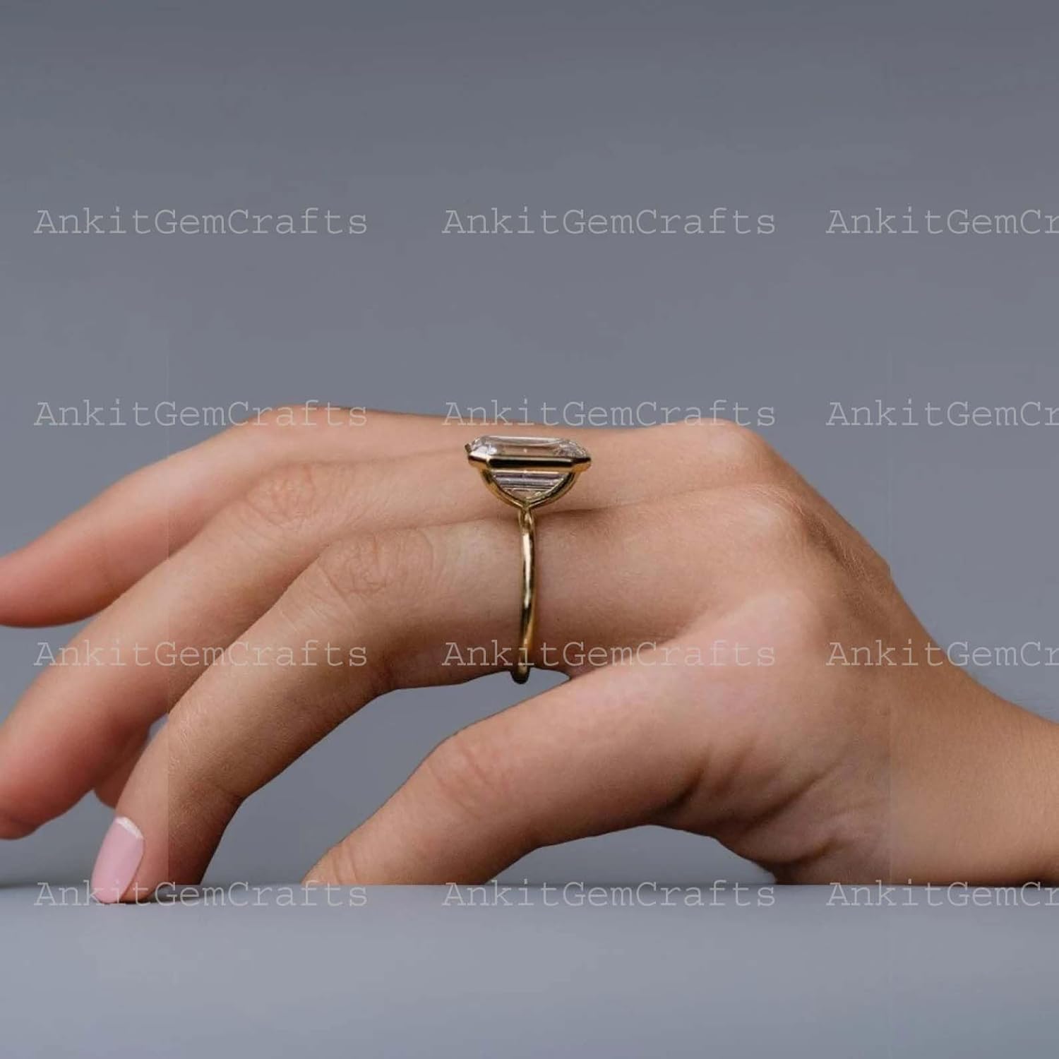 3 Carat Emerald Cut Moissanite Engagement Ring Solitaire Bezel Set in 14K Yellow Gold Handmade Wedding Band Anniversary Jewelry Gift for Wife