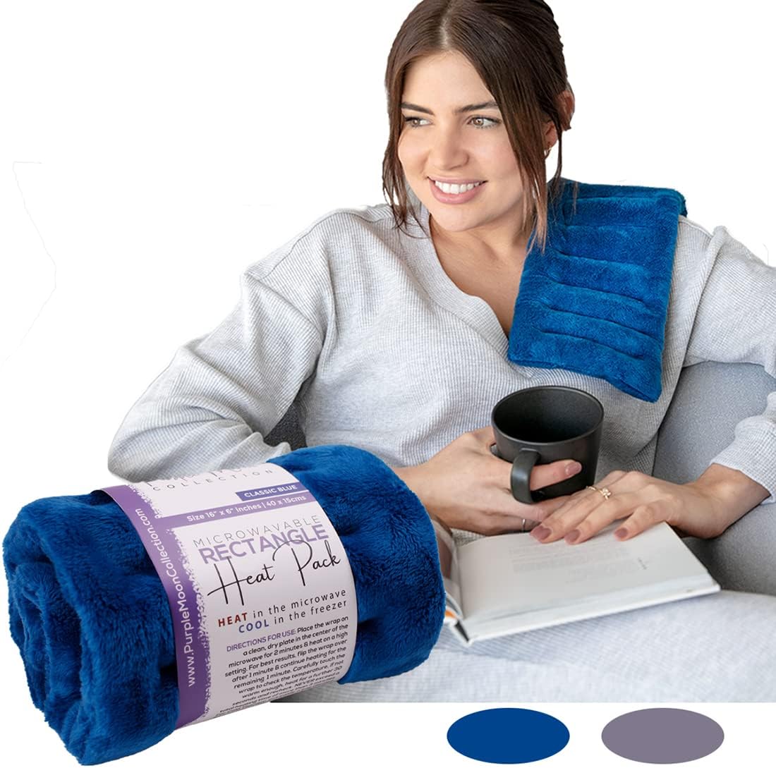 Purple Moon Collection - Microwavable Heating Pad for Neck & Shoulders - 6x16 in, Blue - Flaxseed Heat Pack - Weighted Hot & Cold Therapy Compress Wrap for Pain Relief, Menstrual Cramps, Sore Muscles