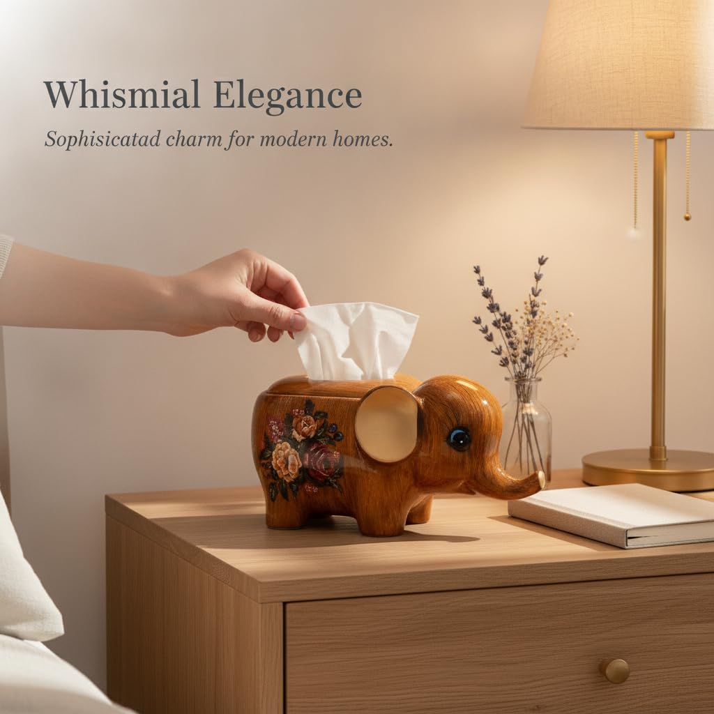 Boîte à Mouchoirs Éléphant Céramique, Éléphant Blanc Fleurs et Oiseaux