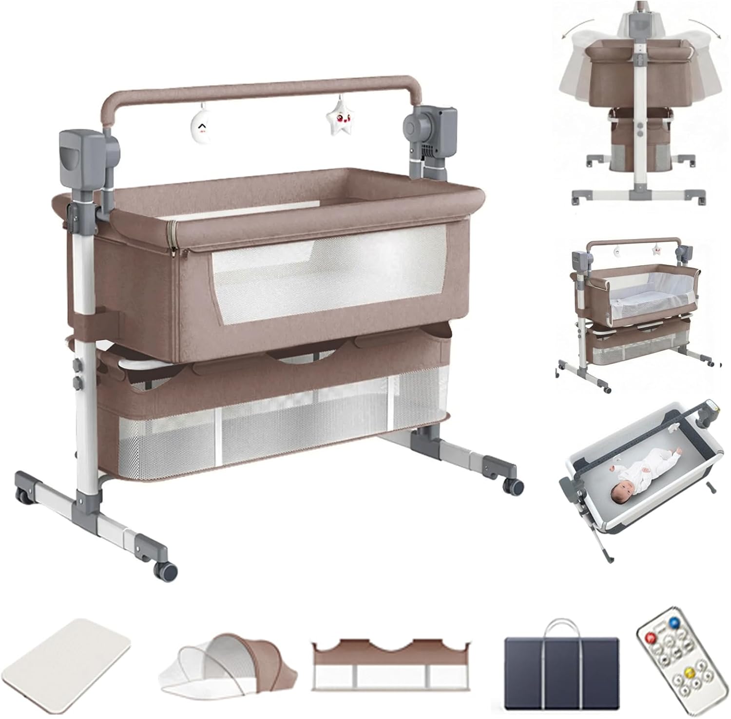 Smart Auto-Rocking Bassinet 3 in 1 Bedside Sleeper Baby Crib with White Music, Adjustable Height, Folding Bag, 4 Wheels, Breathable Mesh, Mattress(E-Khaki)