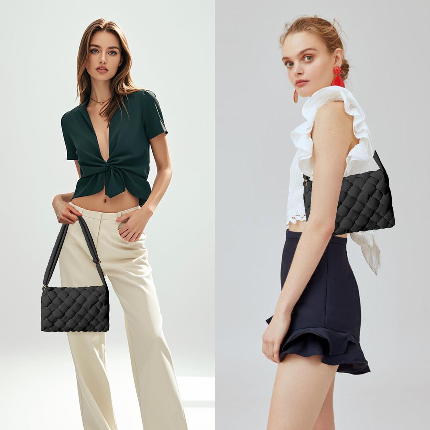 NAARIIAN Small Puffer Crossbody Bag for Women,Lightweight Quilted Woven Purse with Adjustable Strap,Crescent Shoulder Bag