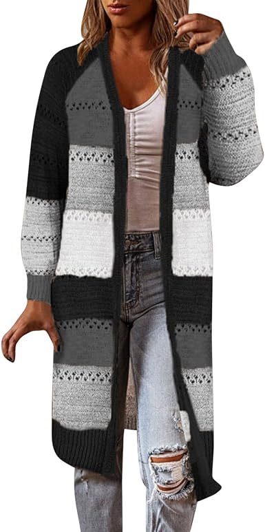 Amazon.com: Suéter elegante para mujer con parte delantera abierta, a  rayas, bloque de color, suéter largo de punto para mujer : Ropa, Zapatos y  Joyería