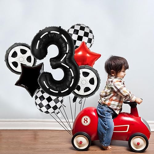 Vista 6 de Globos decorativos de cumpleaños de auto de carreras, globo negro número 3 de 40 pulgadas, globo grande de Mylar negro 3 para 3er cumpleaños