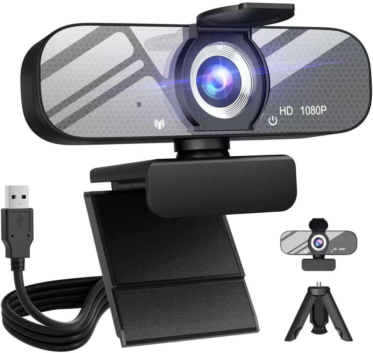 HD 1080P Webcam with Built-in Microphone and Rotatable Tripod, 1080P Video and Wide Angle Camera, Privacy Cover, for Desktop PC or Laptop Computer （Black）