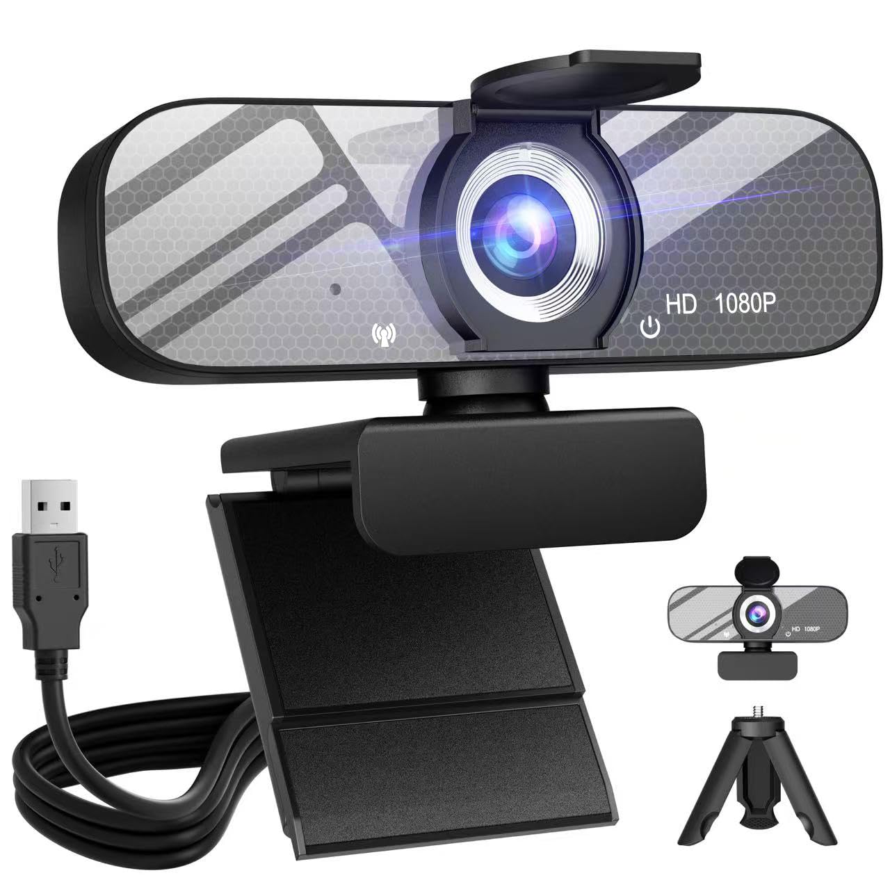 HD 1080P Webcam with Built-in Microphone and Rotatable Tripod, 1080P Video and Wide Angle Camera, Privacy Cover, for Desktop PC or Laptop Computer （Grey）-image-17