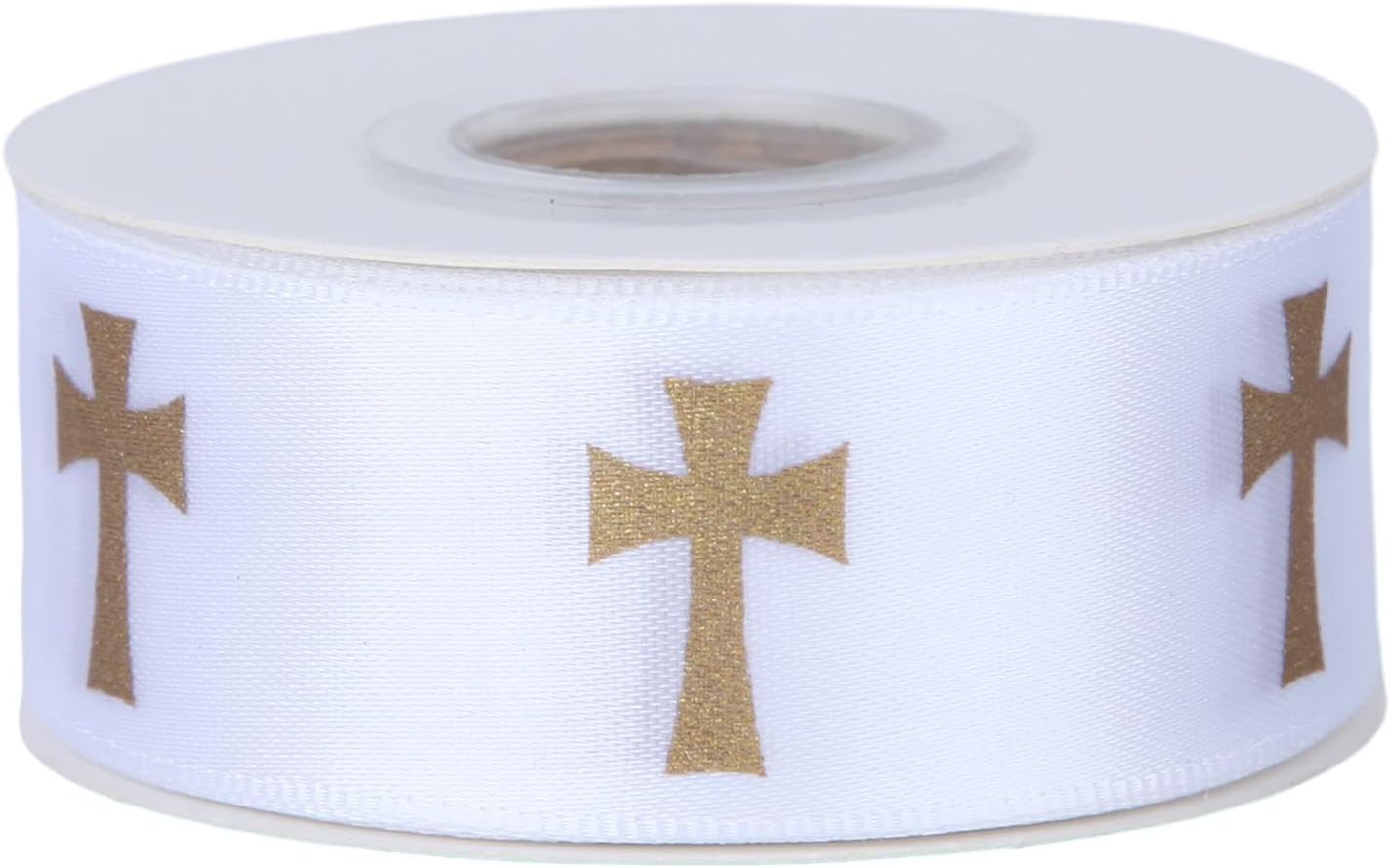 Meseey 7/8 Inch He is Risen Cross Religious Ribbon for Church Services, Sunday School, Easter Services, Gift Wrap, Easter Baskets (Gold Cross)