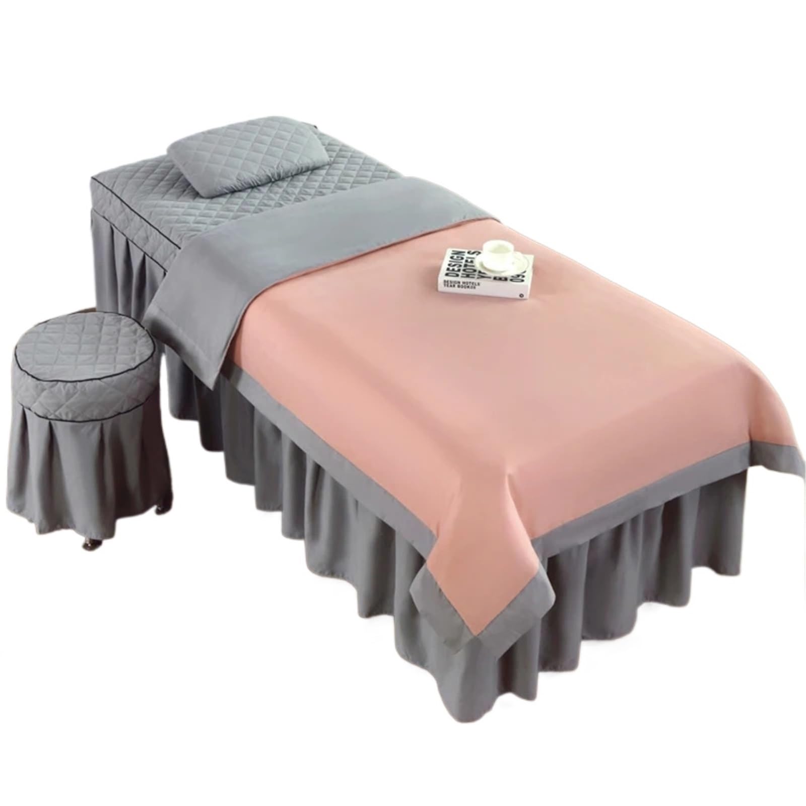 Beauty Salon Bed Cover Sets 4pcs Massage Spa Bed Cover Bedspread Pillowcase Stool Club Salon Sets(Beige Grey,180x60)