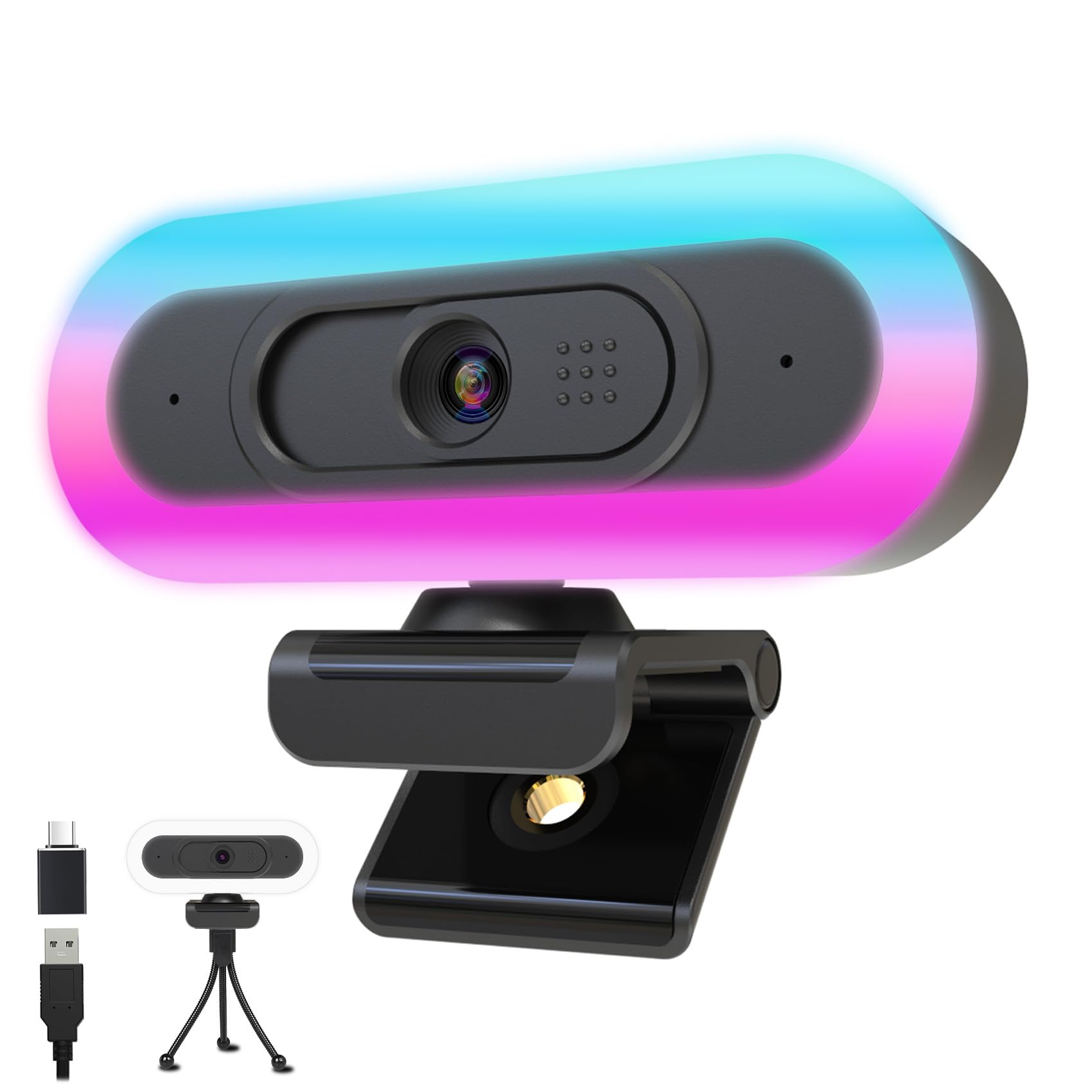 Webcam 2K per PC, webcam LED RGB con microfono e luce, autofocus, treppiede girevole e copertura per la privacy per streaming live, videochiamate, giochi, funziona con zoom, Skype, YouTube, team