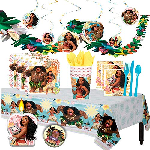 Disney Moana Deluxe MEGA Birthday Party Supplies Pack and Decorations for 16 includes Plates Napkins Cups Cutlery a Table