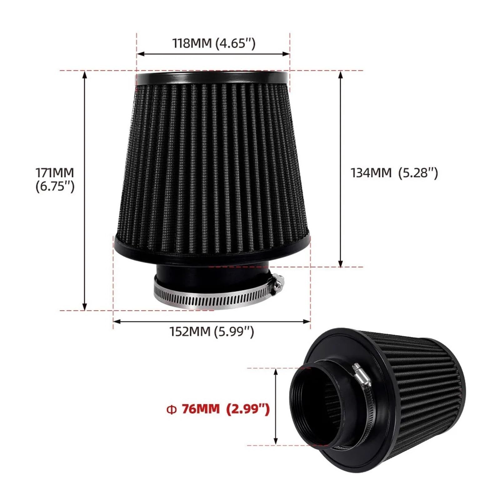 Filtro De Aire Universal Alto Flujo Modificado Para Coche Con Cabeza Seta 76 Mm Tubo Admisión Aire(Black)