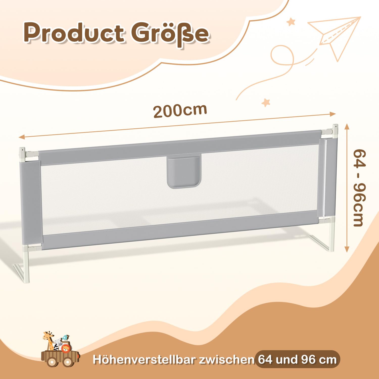 Barrera de cama para bebé, 200 × 80 cm, altura ajustable, barrera protectora para cuna de 64 – 96 cm, resistente con cierre de seguridad, tela transpirable, color gris
