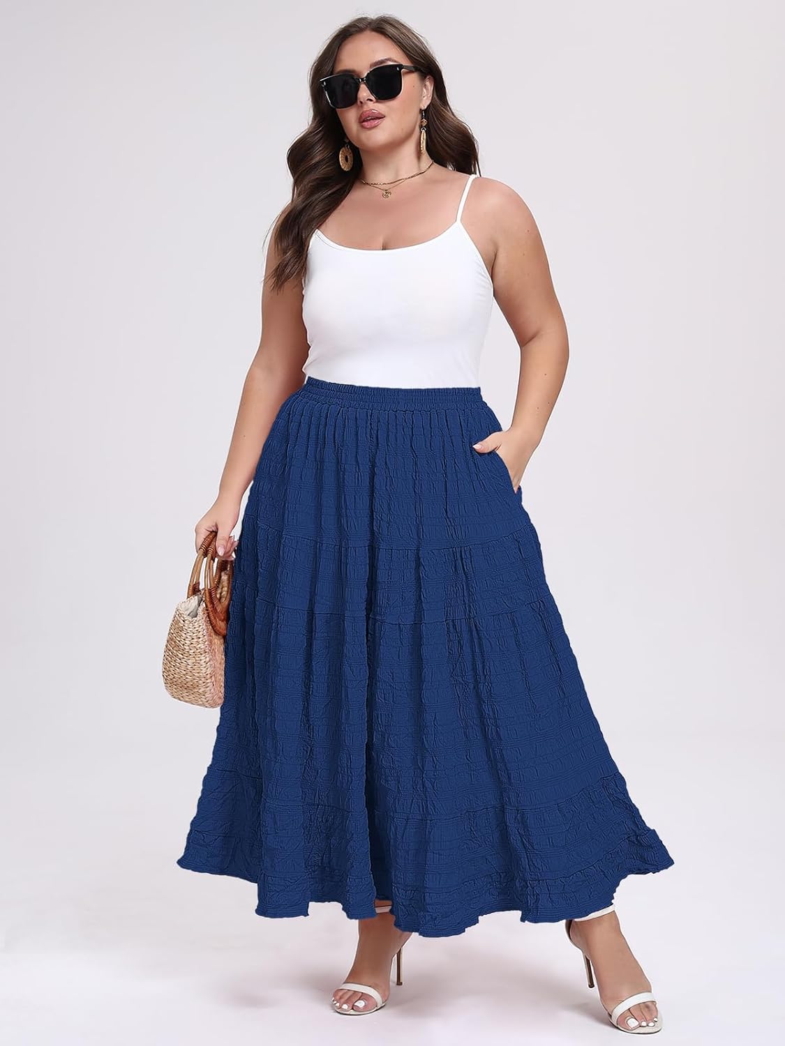 Moon Wood Women's Plus Size Tiered Maxi Skirt Elastic High Waist A-Line Flowy Long Skirts with Pockets - Image 5