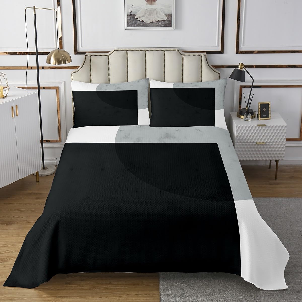 jejeloiu Coal Black and Gray Geometric Bedspread Queen Size Kids Modern Abstract Coverlet Set Teens Modern Art Quilted Coverlet Breathable Soft Lightweight Geometry Room Decor