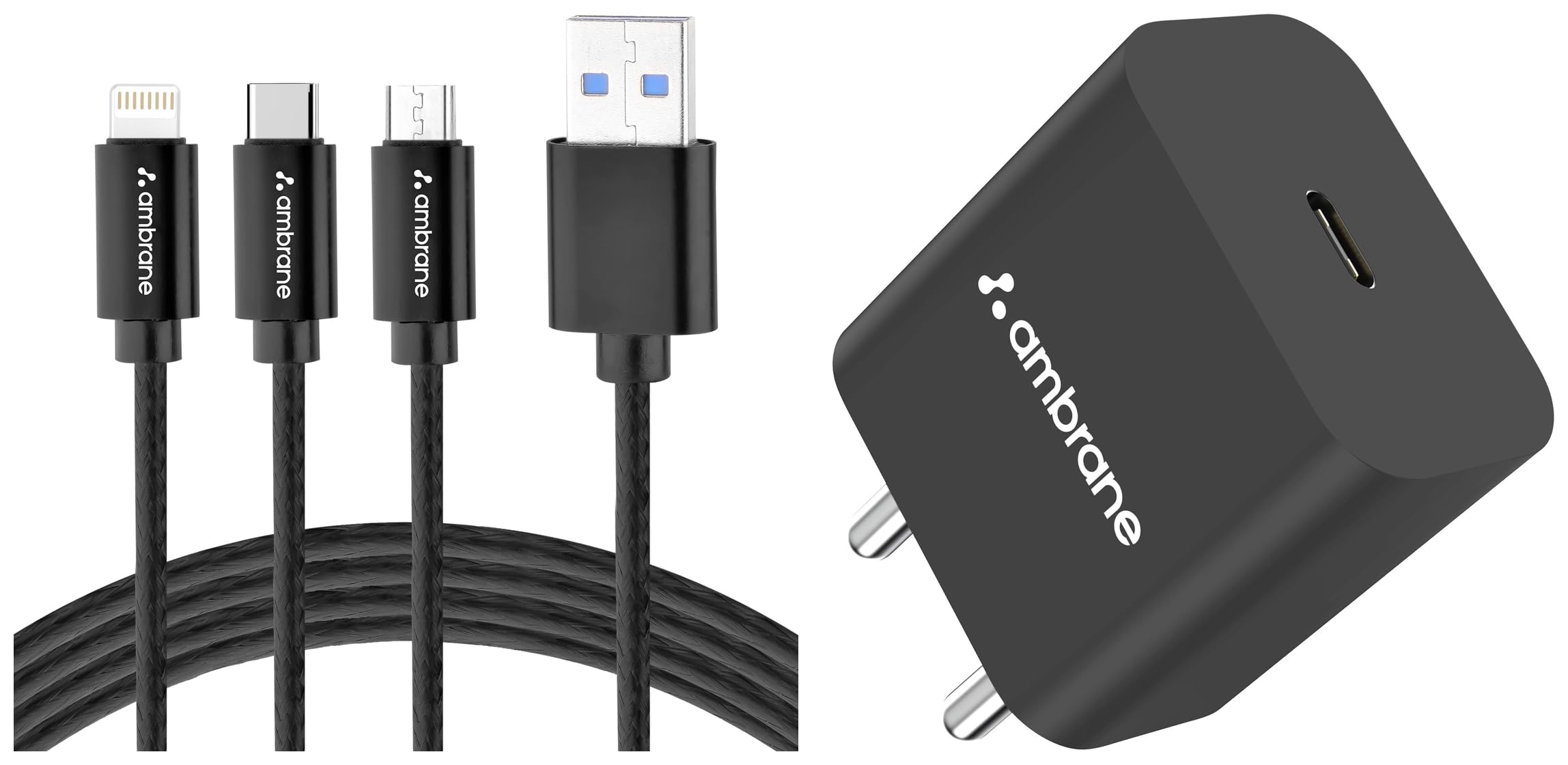 Ambrane 20W Dual Output Fast Charger/Adapter with QC & PD Technology for iPhone, Android (RAAP M20, Black) with Ambrane 3 in 1 Lightning, Type C, Micro USB Cable (B0CHYQXMHP) Amazon Price History, Amazon Price Tracker