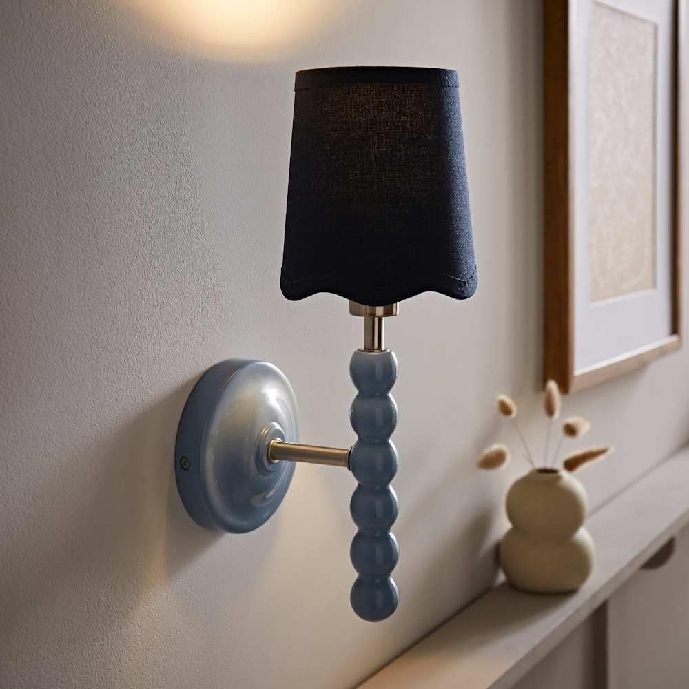 ValueLights | Bobbins Pair of Blue Wall Lights with Navy Linen Scallop Shade and Bulbs | Wall Lights, Home Décor & Improvement Essential | Mains Wired