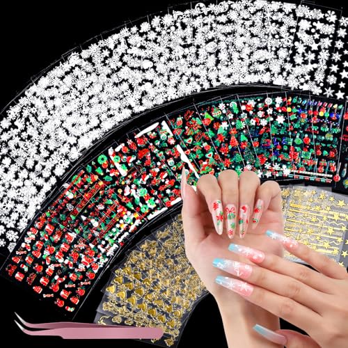 Teenitor 50 Sheets Christmas Nail Stickers for Nail Art Snowflake Nail Stickers for Kids Women Christmas Nail Decals for Holiday Winter 3D Self Adhesive Snowflake Nail Decals for Little Girls