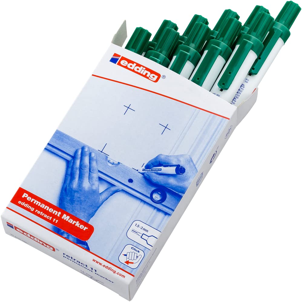 Edding 11-004 - Caja de 10 Rotuladores Permanentes - Punta Redonda 1,5-3mm - Mecanismo Retractil - Verde