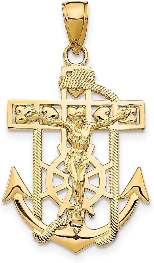 14k Yellow Gold Small Mariners Lord Jesus Christ Crucifix Holy Cross Necklace Charm