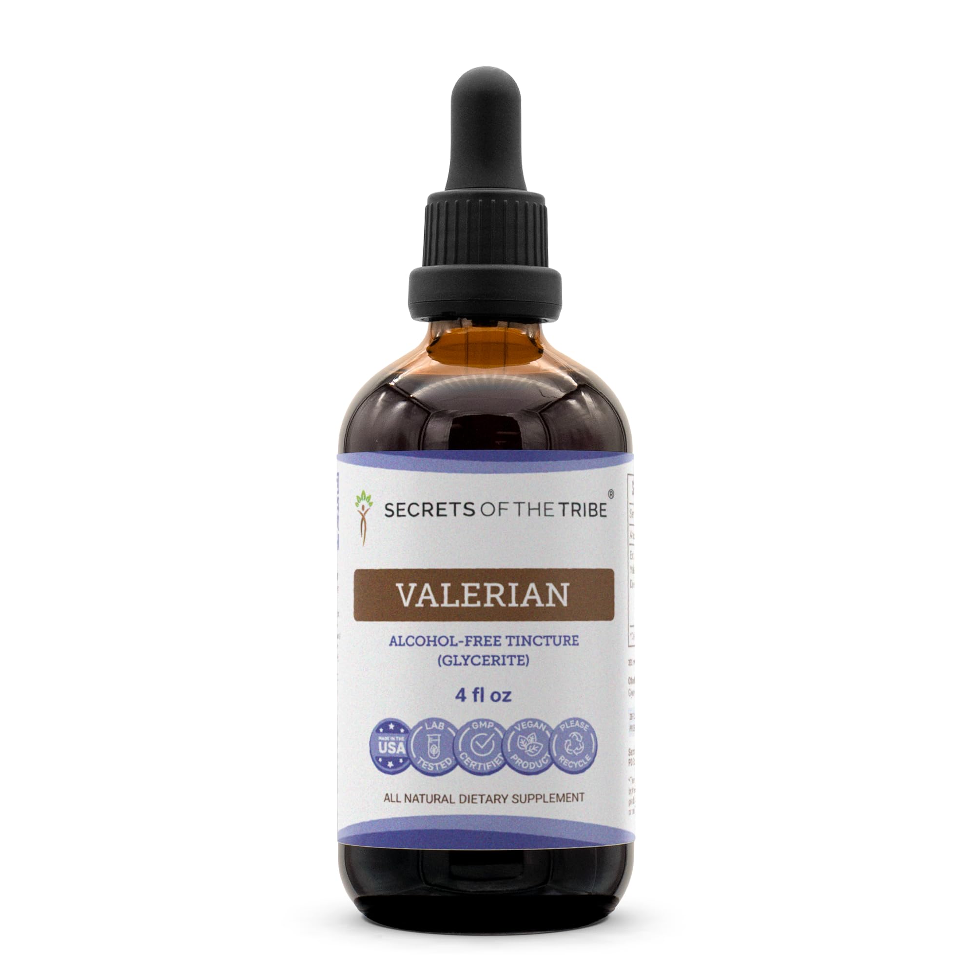 Secrets of the Tribe Valerian Alcohol-Free Tincture (Glycerite) 675 mg Valerian (Valeriana Officinalis) Dried Root (4 Fl Oz) Sleep Support Supplement 4 Fl Oz (Pack of 1)