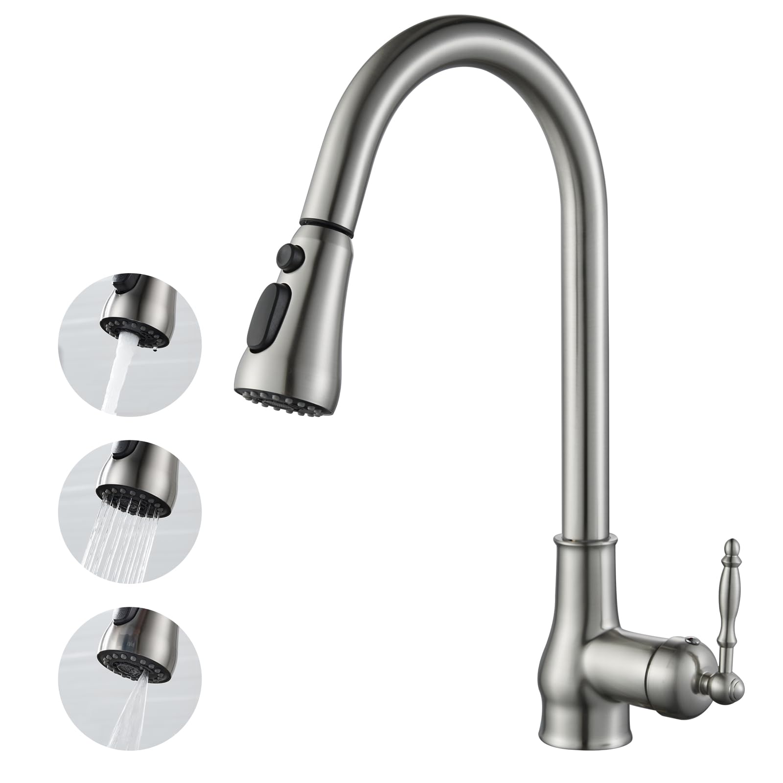 Kitchen Mixer Tap with Pull Out Spray, OUGOO Vintage 3-Mode Brass Kitchen Tap with 360° Swivel Spout, 1-Hole Single Handle Sink Faucet, Brushed Nickel