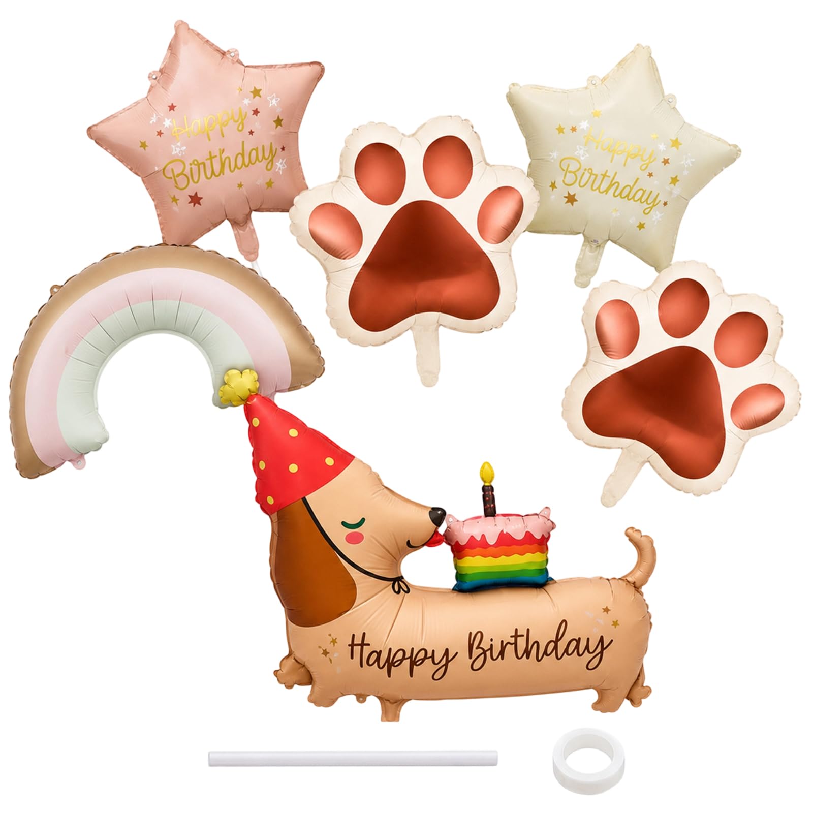 6Pcs Dachshund Party Decoration Set with Dog, Paw, Star and Rainbow Balloon