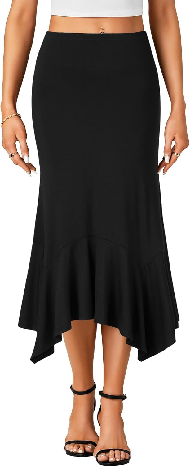 OPOIPIN Women's Stretchy High Waist Ruffle Asymmetrical Hem Flowy Midi Skirt - Image 2