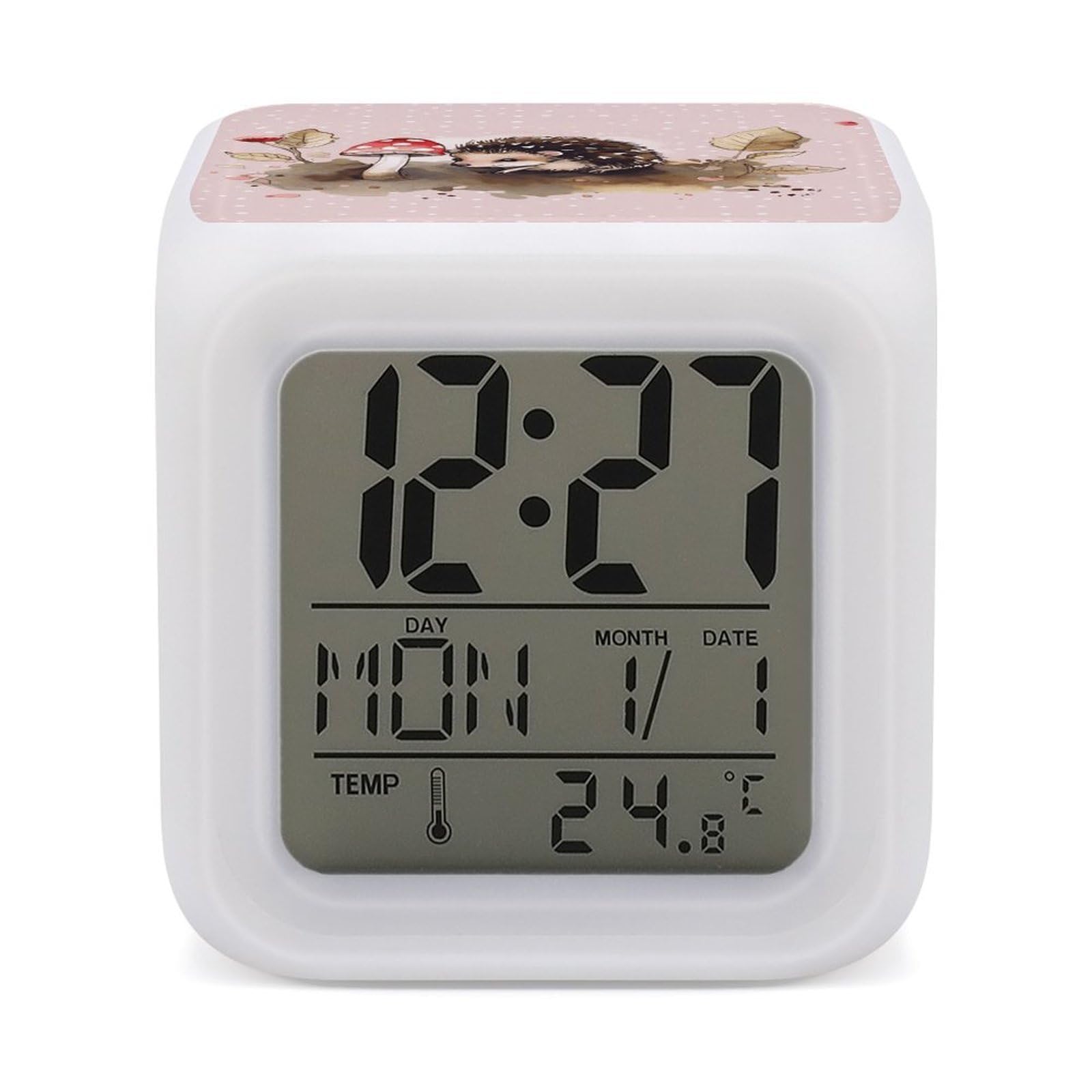 JTREHY Hedgehog Watercolor Painting Alarm Clock Digital Dimmable Clock for Bedroom LED Display Screen Mini Clocks 7 Color Dimmable Night Lights Time-to-Rise Alarm Clocks for Office Living Room