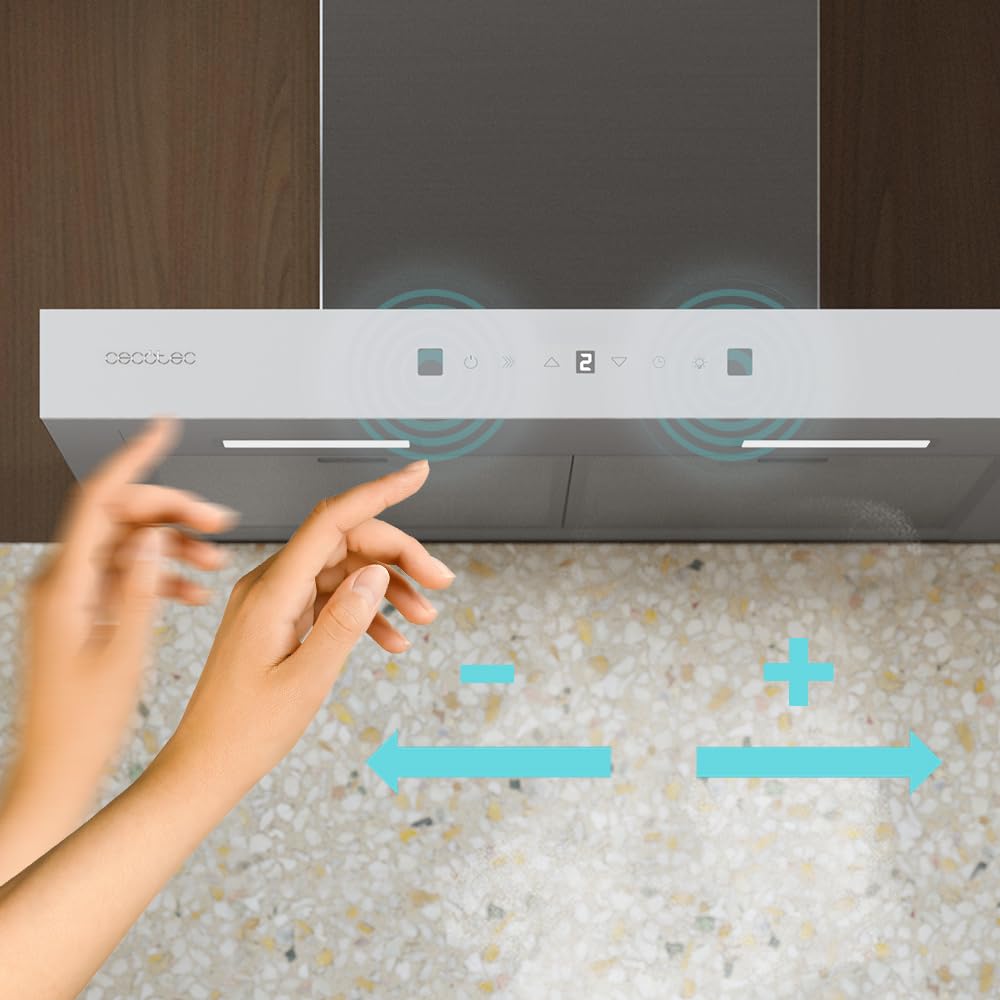 Cecotec Dunstabzugshaube 60 cm Flux TT 605500 Glas Weiß A++. 70W, Front aus weißem Glas, Niedriger Verbrauch, Absaugleistung 550m3/h, Touch-Steuerung, 3 Stufen, LED-Licht, Aktivkohlefilter