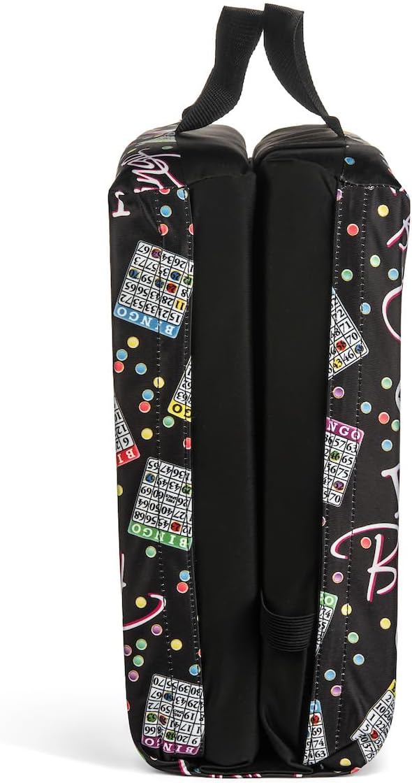 I Love Bingo Black Pattern Seat Cushion – Extra Thick 3” Bingo Pillow with Strap, Storage Pouch & Handles – Comfortable Folding Chair Cushion for Bingo Nights