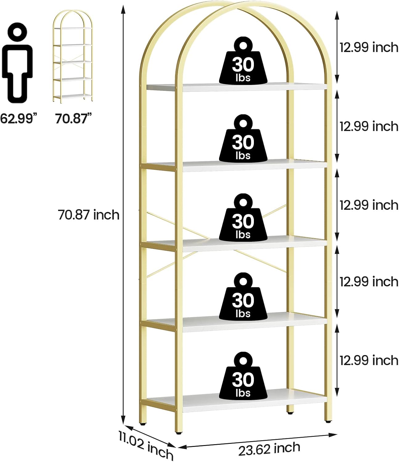 IDEALHOUSE Bookshelf 5 Tier Bookcase Arched Display Racks Tall Standing Bookshelves Metal Frame Modern Storage Rack Shelf Large Wood Book Shelf for Bedroom, Living Room, Home Office, White/Gold - Image 2