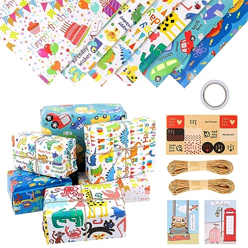 Carta Regalo Compleanno - 6 Fogli 50x70cm - Animali Cartoon - 2 Nastri - Riciclabile - Per Feste - Foto 6