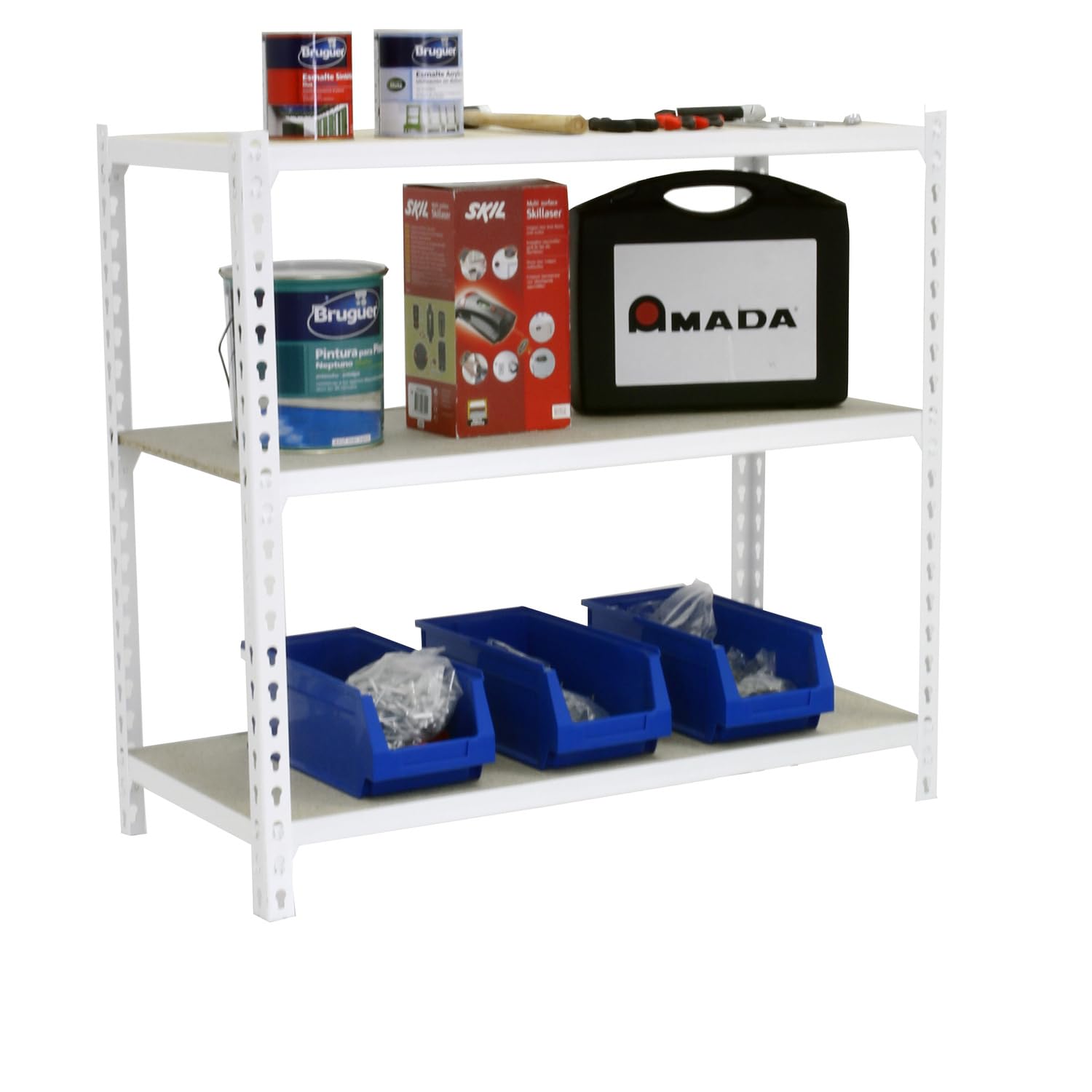 SimonRack Estanterias Metalicas, 900x1000x500 mm, 3 Baldas de Madera, 150 kg de Punto Flexión, Estanterias Almacenaje, Blanco/Madera - Maderclick