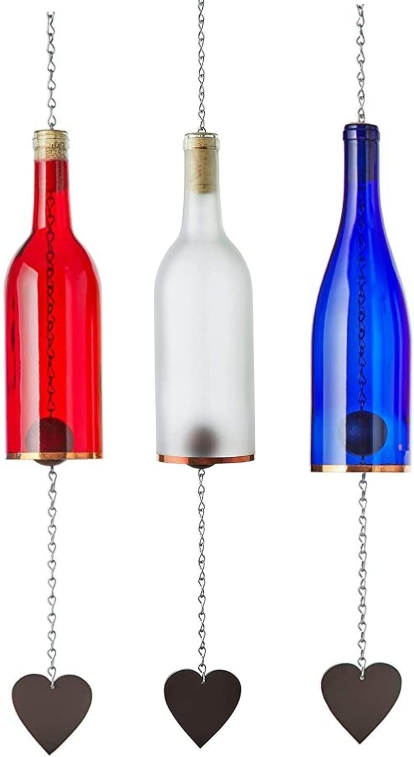 Blue Ridge Mountain Gifts Wine Bottle Wind Chime - Wind Chimes for Outside & Inside Decor, Handcrafted Wine Glass Bottle Wind Chimes, Suncatcher Whimsical Home Decor Gifts for Women (4th of July)