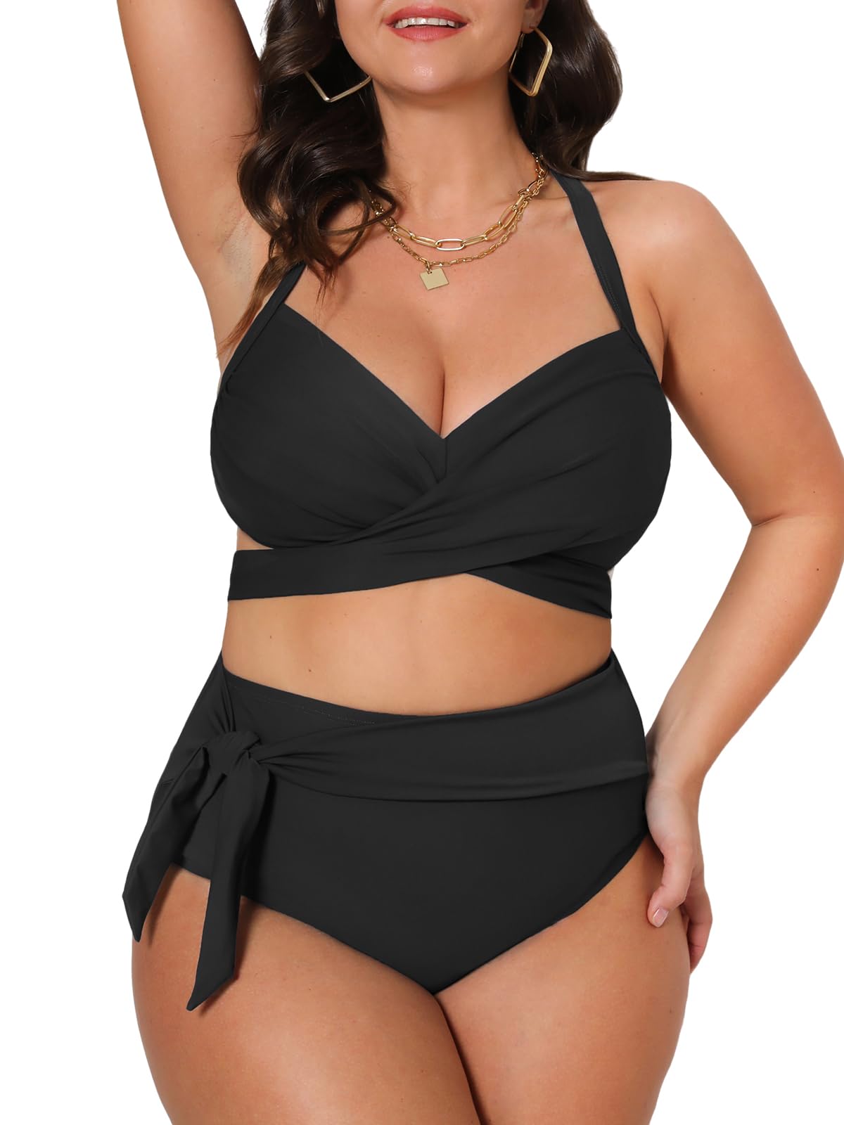 CUPSHE Women's Large Sizes Bikini Set V Neck Wrap Look High Waist Tummy Control Knot Two Piece Bikini Plus Size Curvy Swimwear Swimsuit