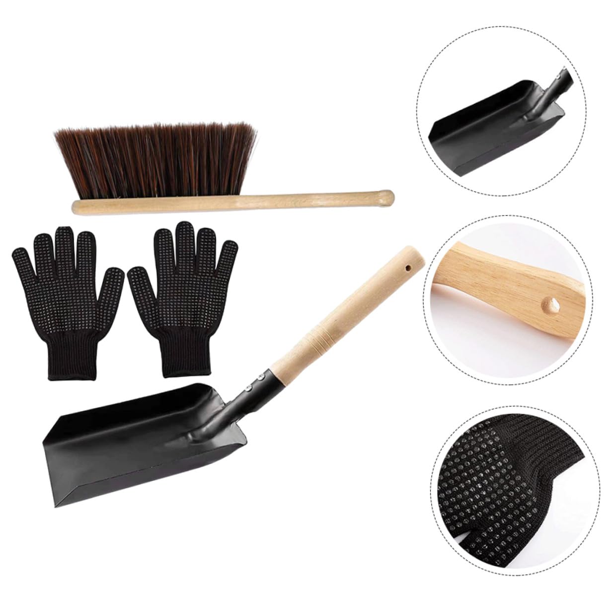 Set Attrezzi per Caminetto Paletta in Acciaio e Spazzola in Silicone, Manico in Legno, Facile da Riporre, Angoli Arrotondati, la Pulizia del Stufa Domestico