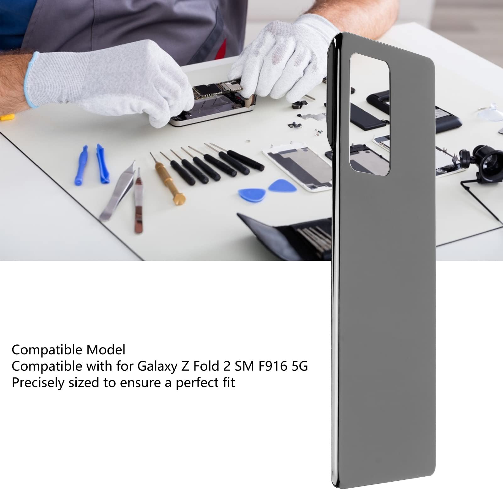 for Galaxy Z Fold 2 Back Glass Replacement Phone Rear Housing Door Cover with Pre Installed Tape for Galaxy Z Fold 2 SM F916 5G (Black)