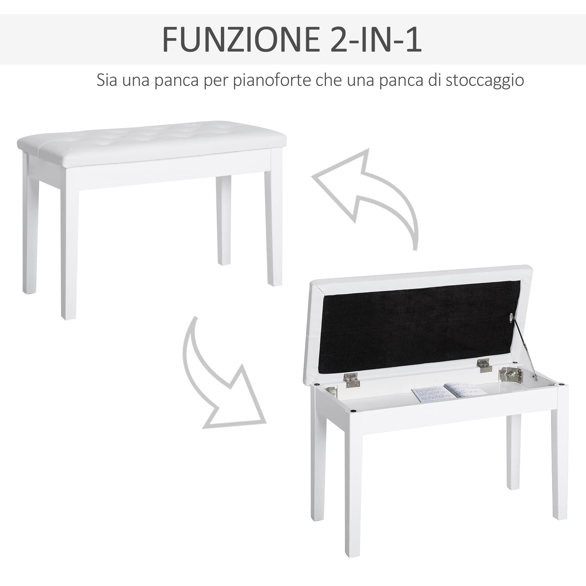 HOMCOM Sgabello Pianoforte Professionale con Vano Portaoggetti Ecopelle, Legno 76 × 36 × 50cm Bianco