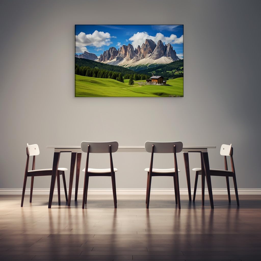 Canvas for Living room. Whispering Peaks and Serenity: Embracing the Idyllic Landscape of Snow-Capped Mountains and Verdant Fields, 27 x 18 inch Canvas Wall Art - Modern Home Decor