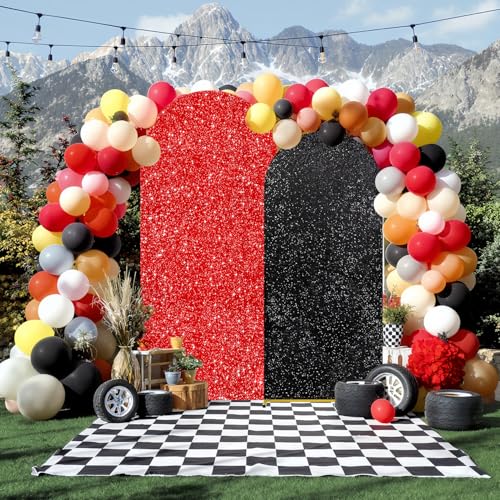 Image of Red Black Sequin Arch Backdrop Cover Set of 2 (7.2ft+6ft) Round Top Chiara Arch Background Balloon Arch Cover for Birthday Wedding Graduation Anniversary Decorations