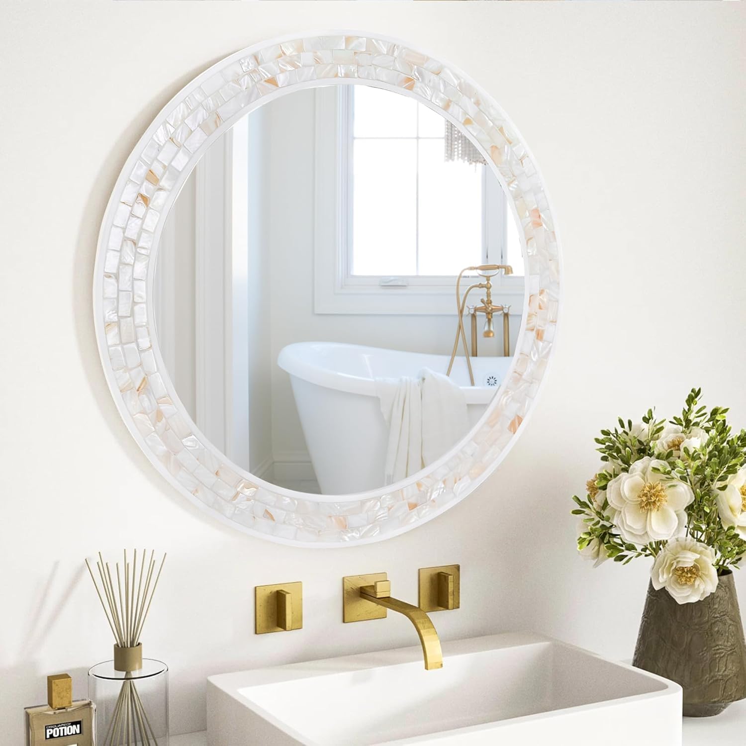 Specchio Da Bagno Rotondo In Bambù, Diametro 61 Cm - Cornice Naturale, Perfetto Per Ingresso E Camera