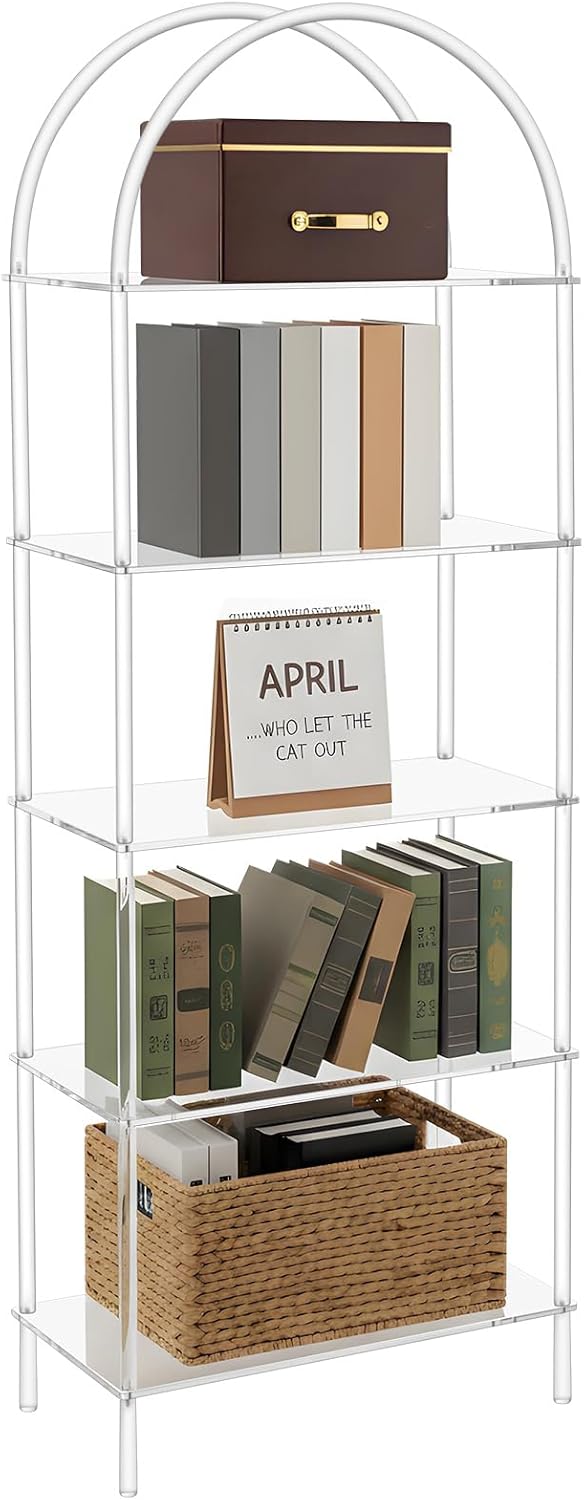 5 Tier Acrylic Arched Bookshelf Clear Book Shelf 11.8" D X 23.64" W X 65.7" H, 5 Tier Shelf Sturdy Open Display for Living Room Bathroom Office